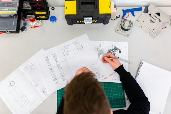 Ingeniero revisando componentes eléctricos e industriales para un proyecto